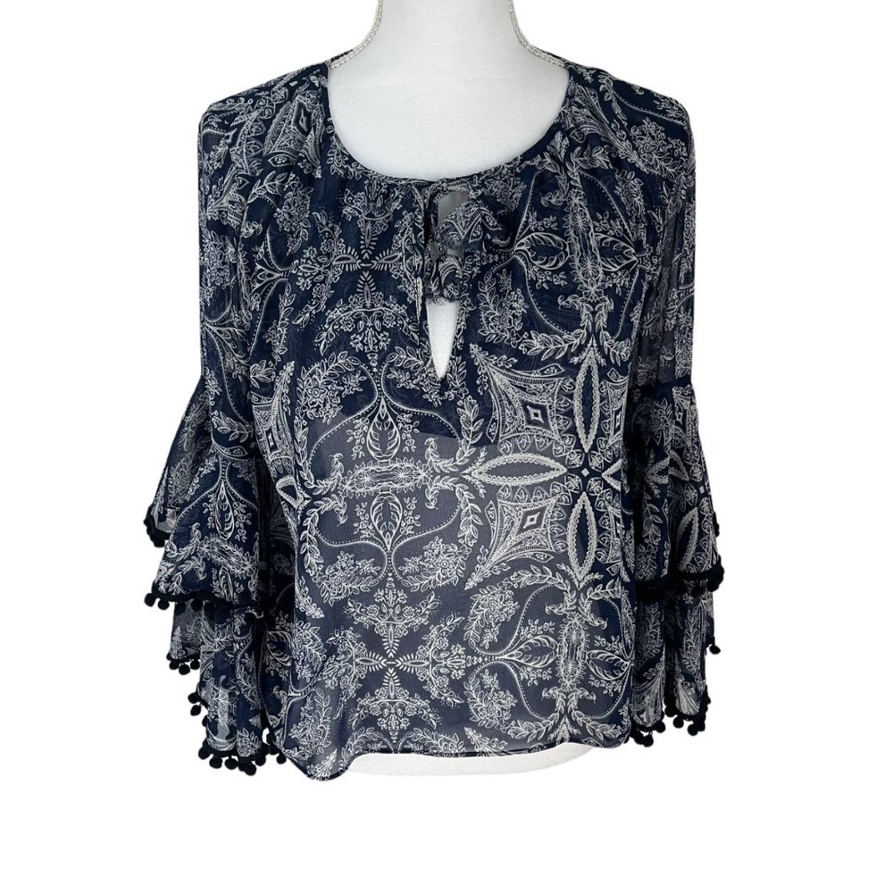 MISA Los Angeles Maya Blue Pom Pom Tiered Bell Sleeve Peasant Top X-Small XS